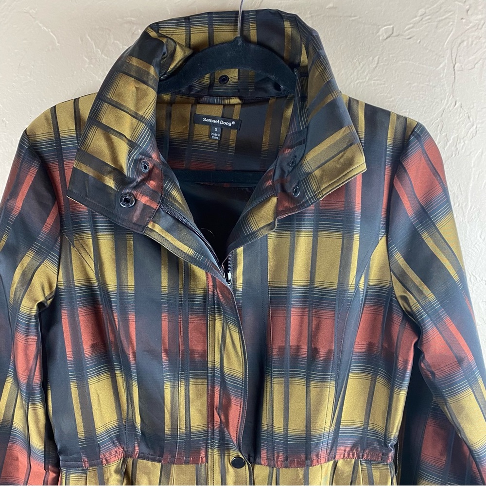 Samuel Dong Plaid Floral Bubble Trench Coat Jacket size small - Picture 3 of 13
